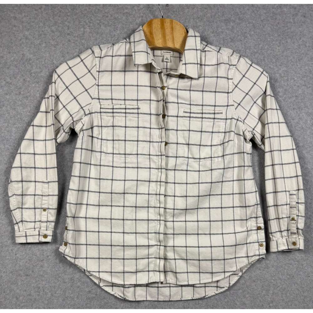 L.L.Bean Flannel Shirt Womens Large Ivory Plaid Excellent Cotton Button Down